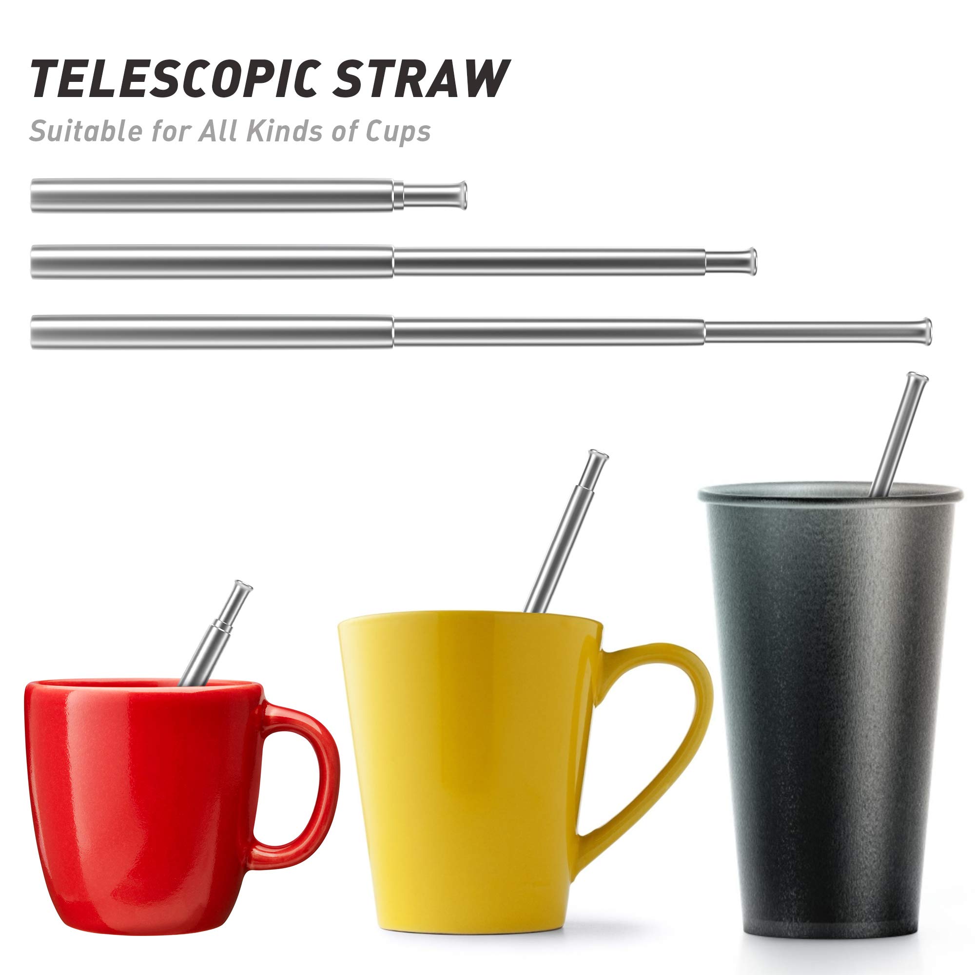 Reusable Straws - 2 Pack Telescopic Reusable Straws Stainless Steel Metal Drinking Straw (P-Black/Silver)