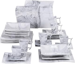 MALACASA, Serie Flora, 30 tlg. Marmor Porzellan Geschirrset Kombiservice Tafelservice mit je 6 Kaffeetassen, 6 Untertassen, 6 Dessertteller, 6 Suppenteller und 6 Flachteller