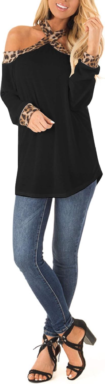 Minclouse Women's Off The Shoulder Long Sleeve Tunic Tops Fall Casual Leopard Print Sexy Blouse Criss Cross Strappy Shirts at  Women’s Clothing store
