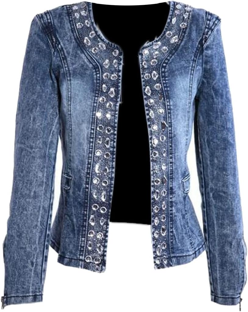 Hokny TD Women's Retro Rhinestone Sequins Open Front Short Denim Jacket 2XL