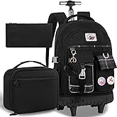 AGSDON Rolling Backpack for Girls, 21" Women Roller Wheels Bookbag, Laptop Wheeled Suitcase School Backpacks with Lunch Bag for Teens
