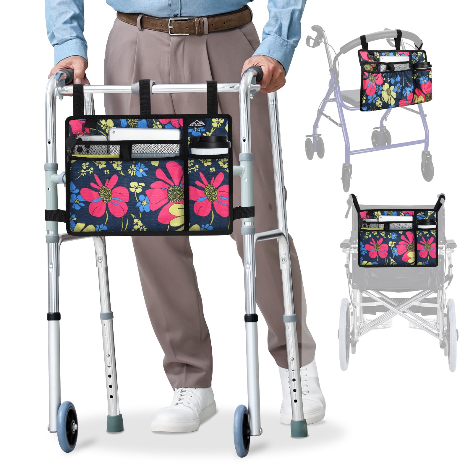 supregear Accessories Bag for Walker, Wheelchair, Rollator for Seniors, w/Cup Holder-Folding Walker Basket Large Capacity Waterproof Walker Caddy Pouch (Floral Blue)