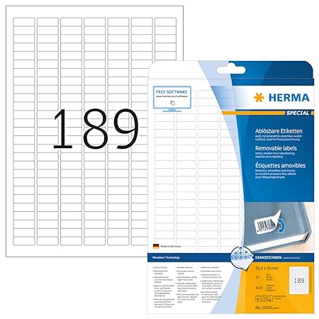Herma 10001 Preisetiketten ablösbar, wieder haftend (25,4 x 10 mm) weiß, 4.725 Preisaufkleber, 25 Blatt DIN A4 Papier matt, b