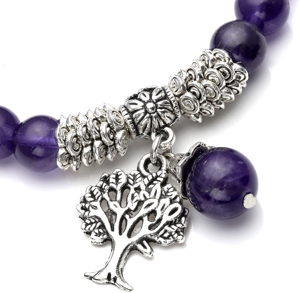 Jovivi 8MM Purple Amethyst Natural Gemstone Healing Point Tree of Life Lucky Charm Stretch Bracelet: Jewelry