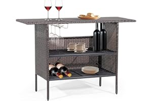 S AFSTAR Patio Rattan Bar Table, Outdoor Rattan Wicker Bar Counter Table with 2-Tier Metal Shelf & Steel Stemware Rack, Heavy-Duty Steel Frame, Waterproof Brown Rattan Table for Poolside, Backyard