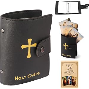 Aigaisen Leather Holy Card Holder Pink for Women | Pocket Prayer Card Organizer with Snap Closure | 54 Inspirational Catholic