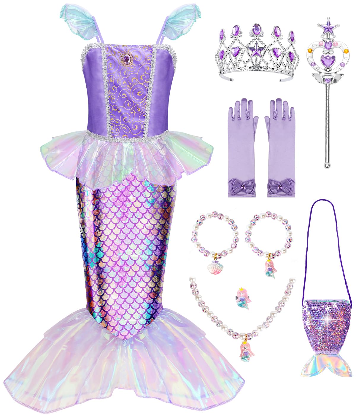 MELAND Mermaid Costume Kids, Princess Costumes for Girls Gift Aged 5-6, Little Mermaid Dress Up for Girls World Book Day (M)