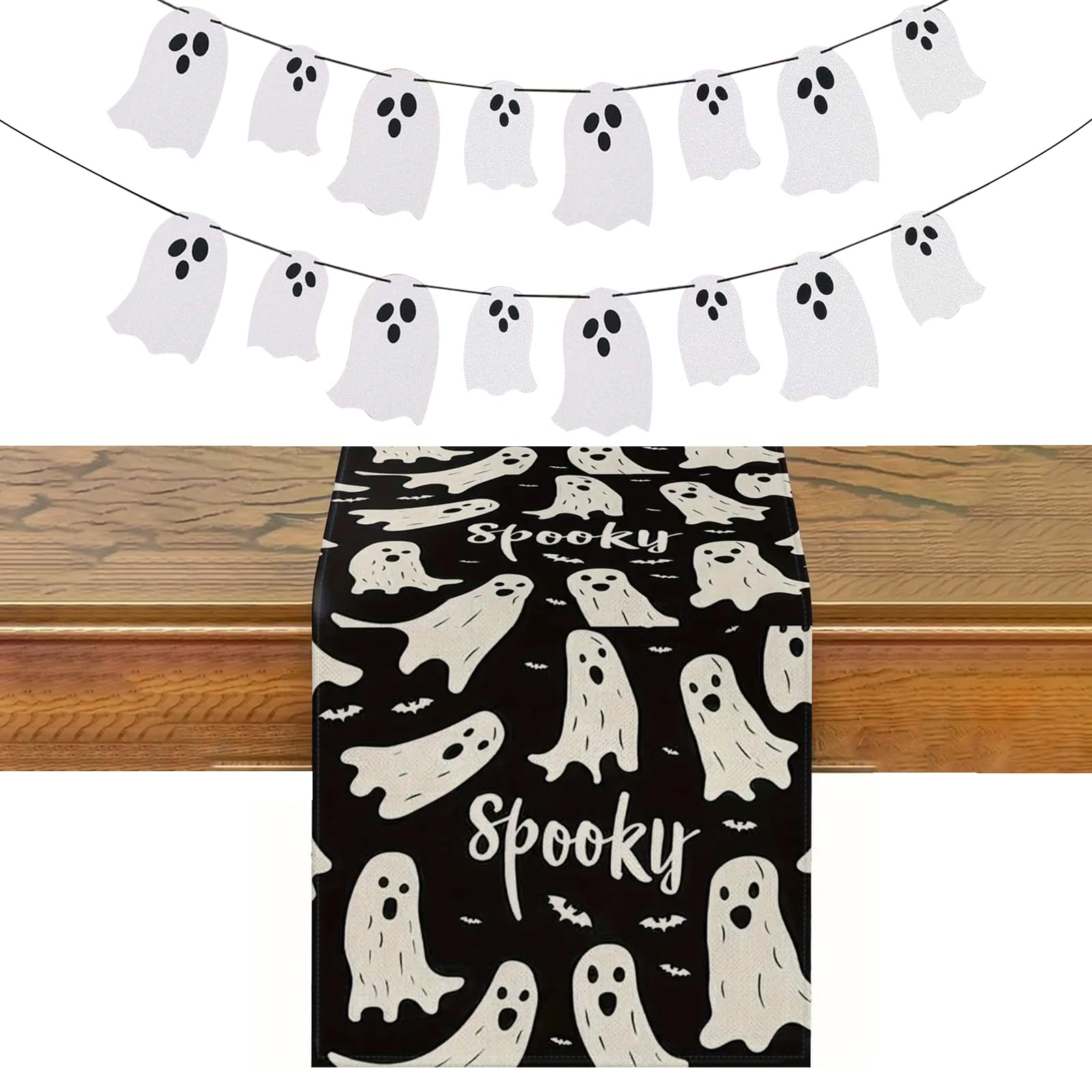 JSTHHTT Halloween Ghost Table Runner, Spooky Dining Table Decoration (White, Cotton Blend, 33 x 183 cm)