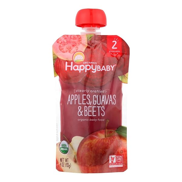 HAPPY BABY, CLEARLY CRAFTED STAGE 2 ORGANIC BABY FOOD, APPLE GUAVA AND BEET, 4 OZ, CLEAR POUCHES LET YOU SEE EVERY DELICIOUS BITE, STAGE 2 BABY FOOD POUCHES ARE GREAT FOR 6 MONTHS AND UP