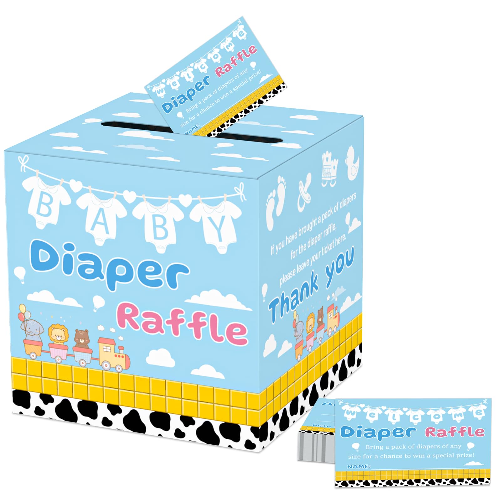 QISOLIY Cartoon Toy Baby Shower Decorations Diaper Raffle Box with 50 Tickets Cards for Baby Shower Gender Reveal Party Supplies Card Box Shower Theme Game