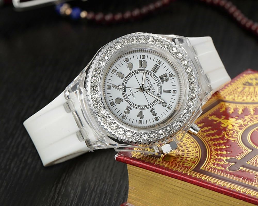 Fanmis Children Students Sport Rhinestone LED Flashing Light up Color Changing Silicone Jelly Watch White: Watches
