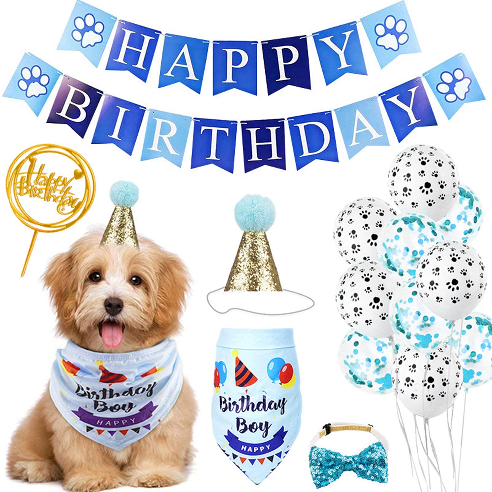 Pet Birthday Party Decorations Kit - Dog & Cat Themed Banner, Hat, Bandana for Puppy & Kitten Celebration