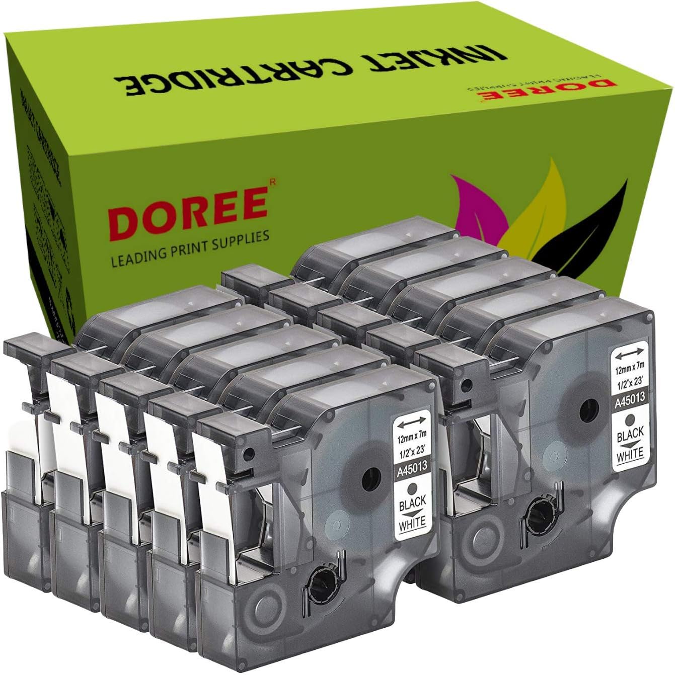 Doree Label Tape Replaces for dymo 45013, Laminated Adhesive Label Tape, Black on White, 10pack