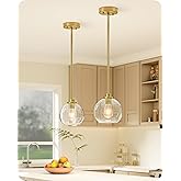 EDISHINE Pendant Light Fixtures 2 Pack with Clear Glass Globe Shade, Gold Kitchen Hanging Lighting Over Island, Hardwired Adj