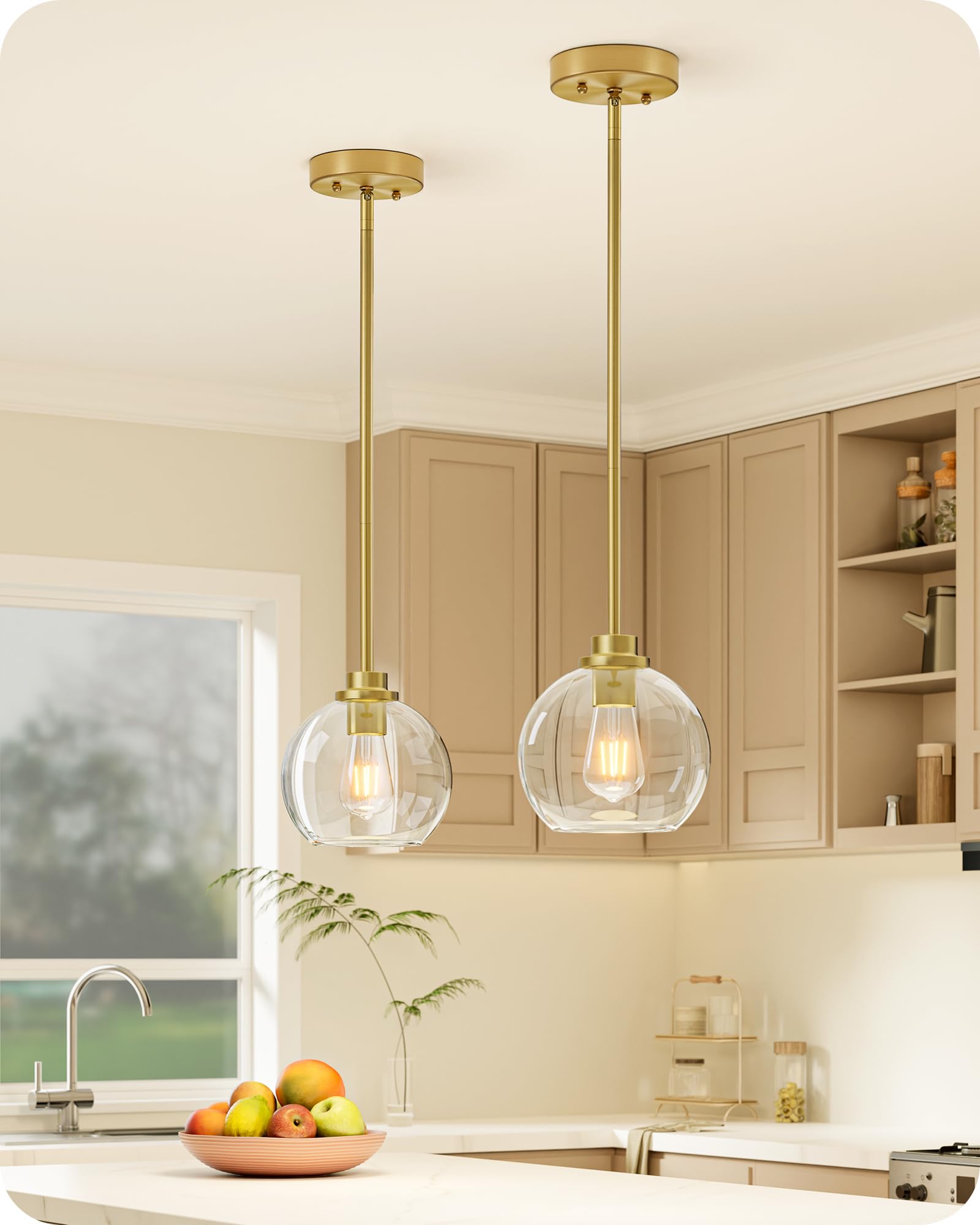 Photo 1 of EDISHINE Pendant Light Fixtures 2 Pack with Clear Glass Globe Shade, Gold Kitchen Hanging Lighting Over Island, Hardwired Adjustable Metal Rod for Dining Room, Entryway