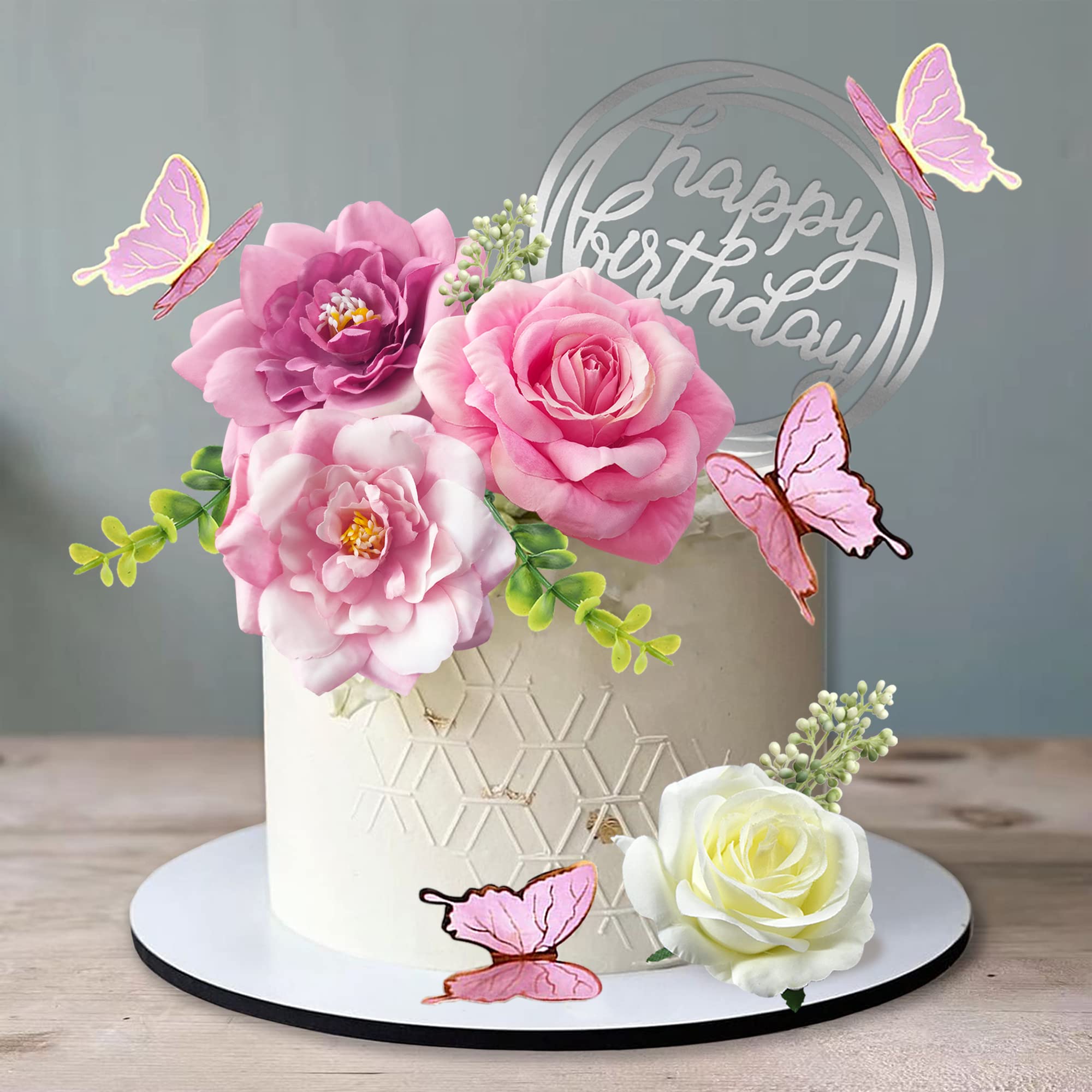 Photo 1 of 19 PCS Flower Cake Toppers Butterfly Cake Decorations with Artificial Pink Rose Flowers Eucalyptus Butterflies for Girls Birthday Party Wedding Baby Shower Supplies (HOT PINK) missing happy birthday sign