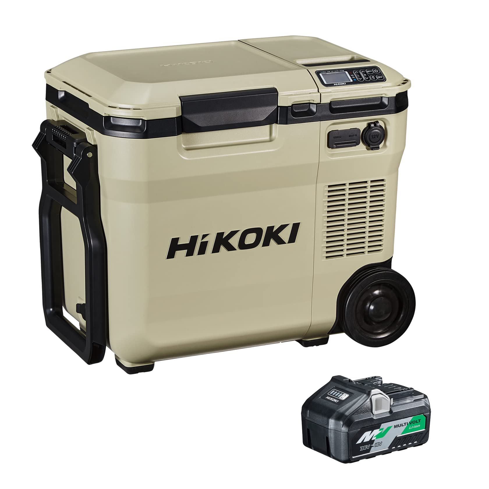 HiKOKI(ハイコーキ) 14.4/18V コードレス 冷温庫 高容量蓄電池1個付き サンドベージュ UL18DC(WMB) ミニ 冷蔵庫 車載 サブポータブル電源 3電源対応 コンプレッサ式 -18℃~60℃ 17段階温度設定 冷蔵冷凍・冷蔵保温同時設定可能 18L 12V出力ソケット USB-A USB-C(最大出力20W)端子搭載 ACアダプタ 車載用DCコード付き商品画像