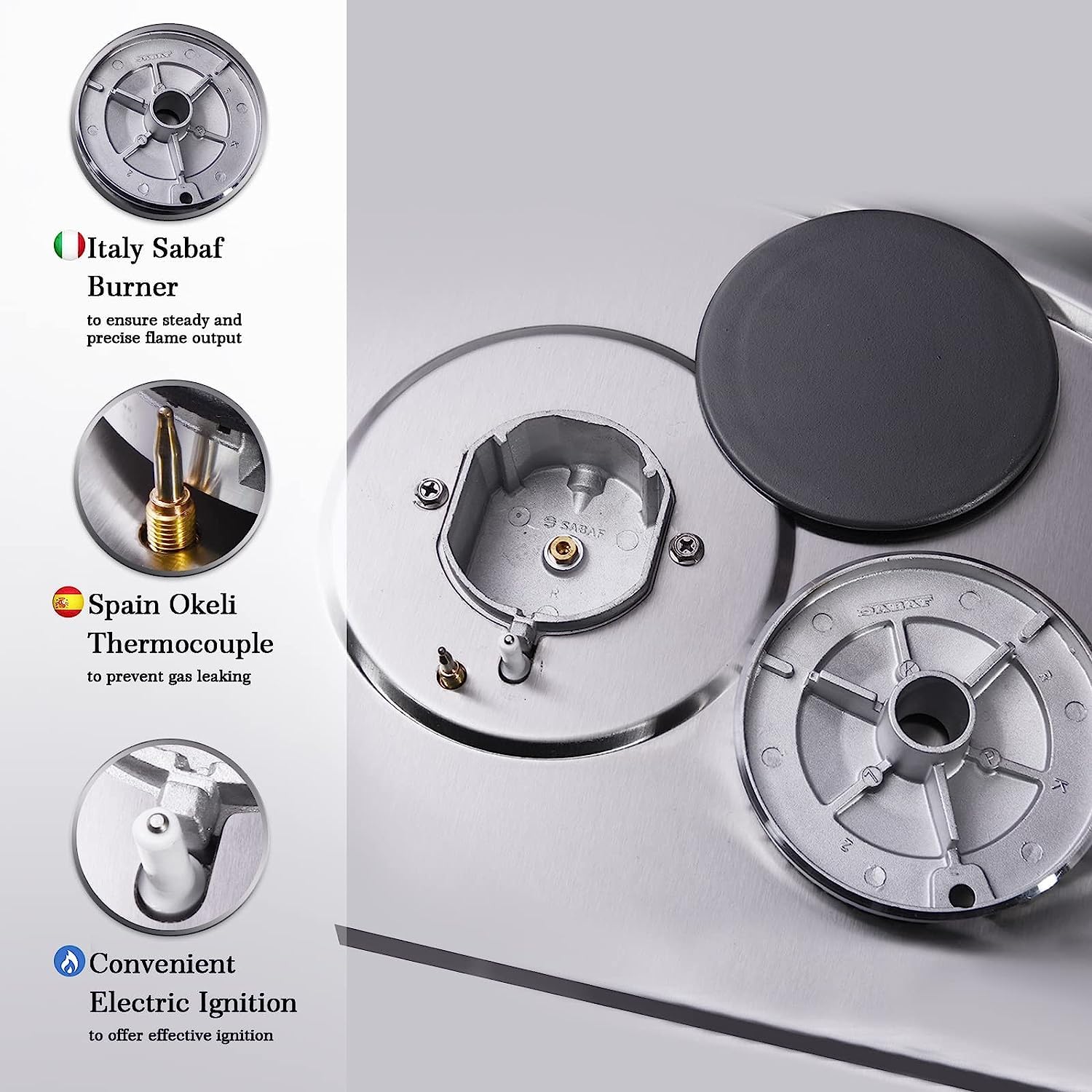 Trifecte 30 Inch Stainless Steel Gas Cooktop with Timer Dual Fuel 5 Italy SABAF Sealed Burners Gas Stove Top NG/LPG Convertible Gas Hob with Thermocouple Protection(Griddle&Gas Regulator Not Included)