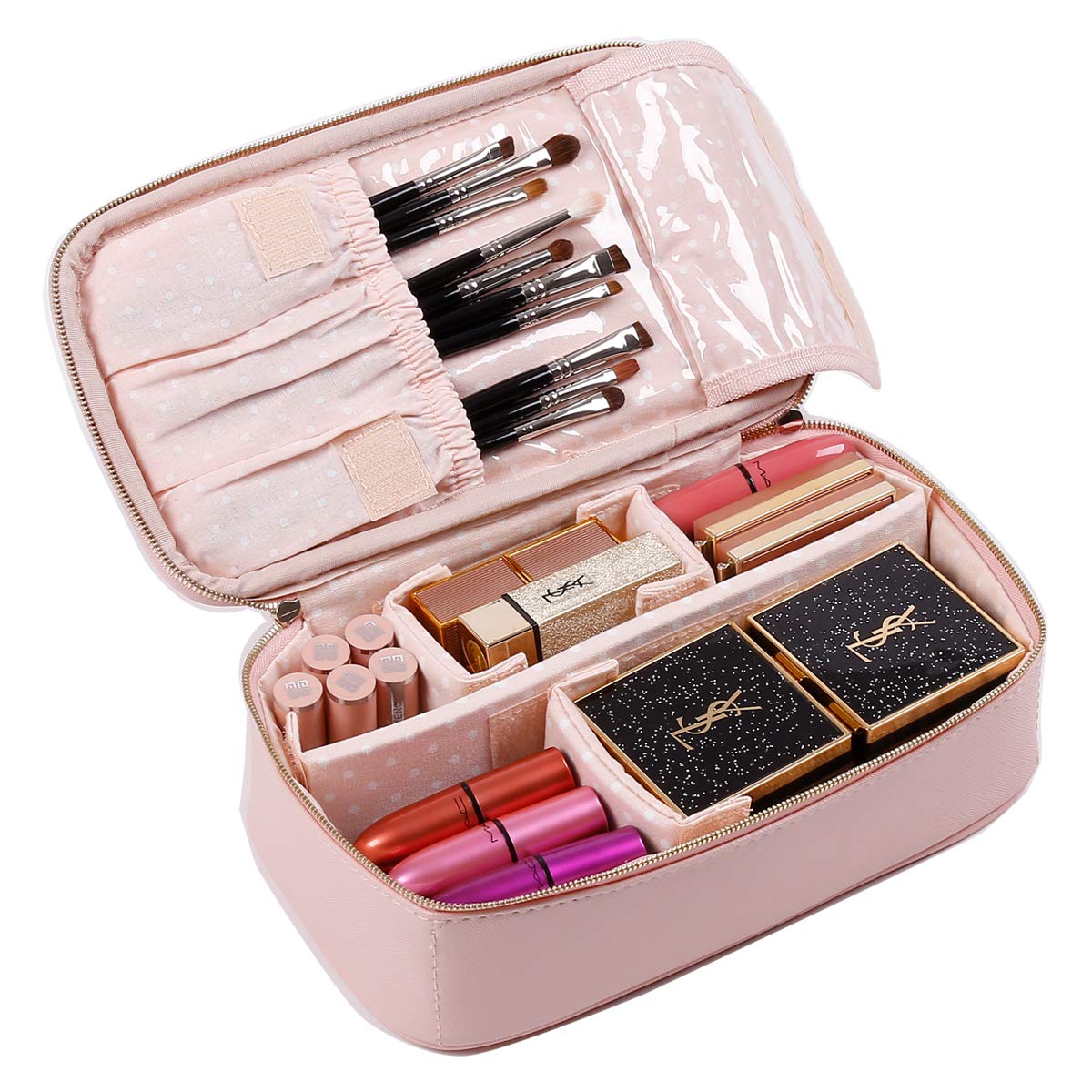 BEGIN MAGIC Portable Travel Makeup Bag/Mini Makeup Train Case/Small Cosmetic Organizer Case Makeup Case Organizer Small with Compartments Brush Holder, Ideal for Christmas Gift-Pink-10 x 6 x 3 in