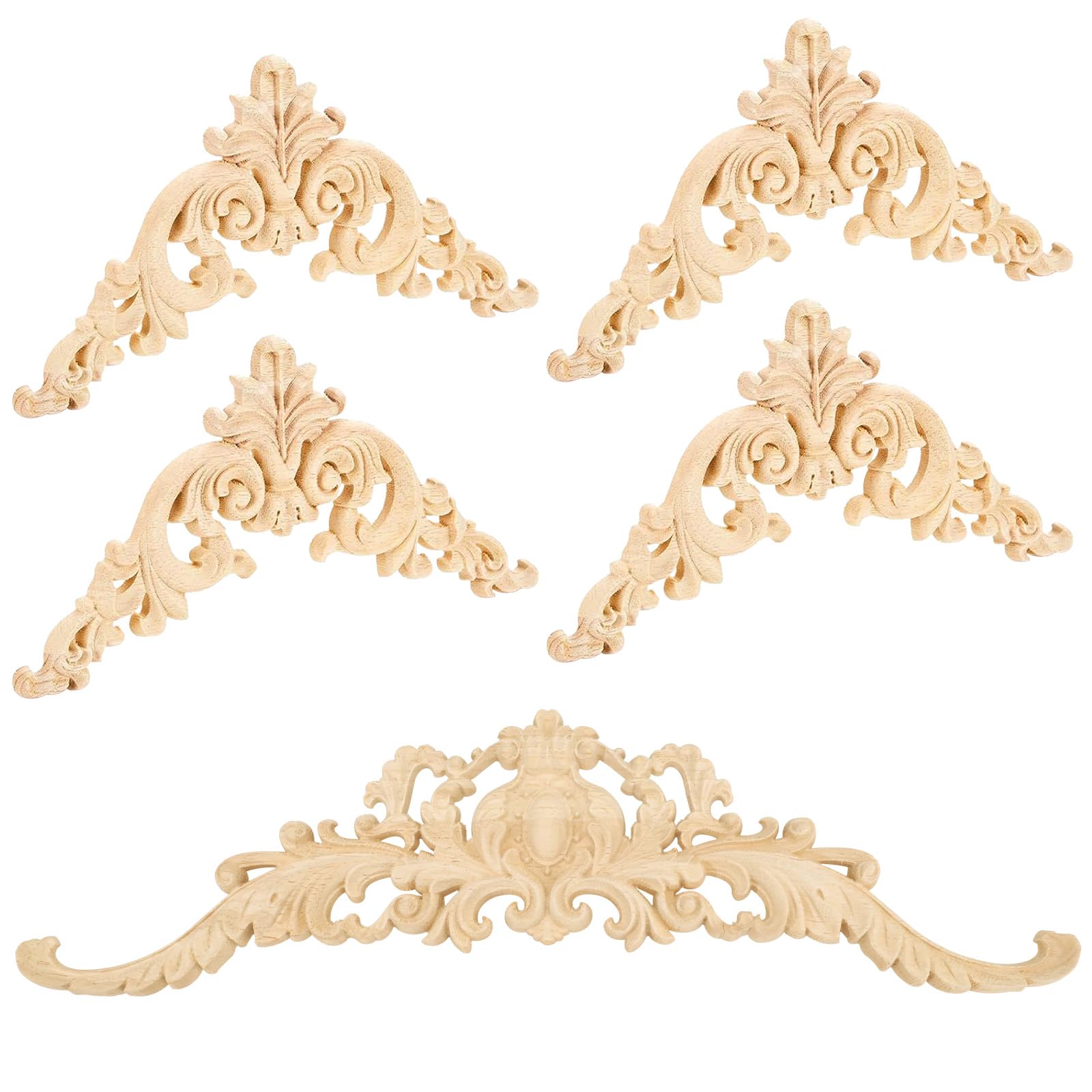 5pcs Wooden Appliques for Furniture, DIY Wood Appliques and Onlays, Wood Carved Applique for Furniture Decoration (Beige)
