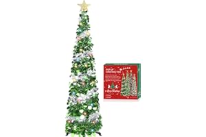 HMASYO 5 FT Pop Up Christmas Tree with Timer Colorful Lights, Green Silver Tinsel Christmas Tree, Collapsible Artificial Penc