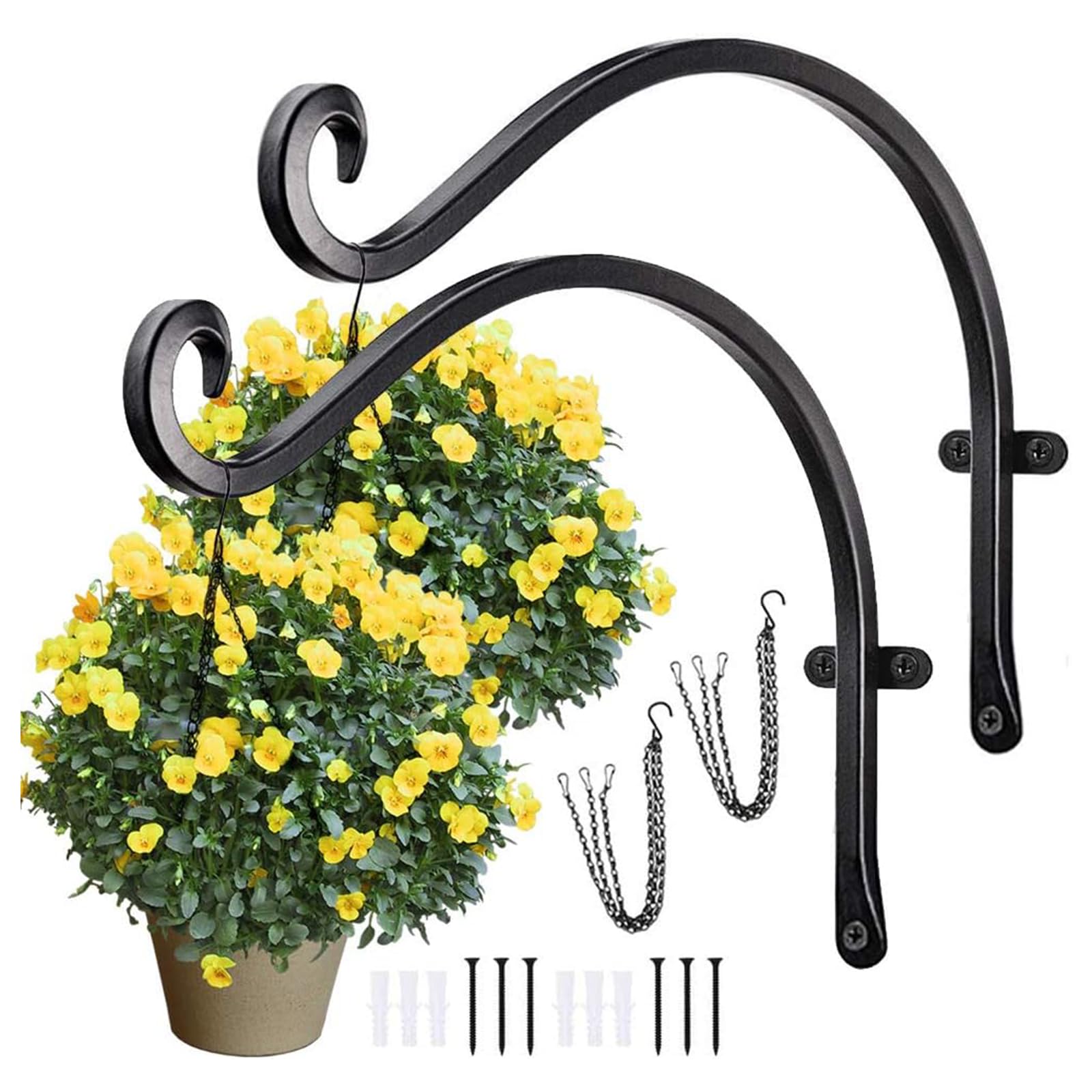 Lifreer 2 Pack 12 Inch Black Wall Hanging Hooks Heavy Duty Iron Wall Hang Basket Brackets Plant Hooks with 2PCS Hangings Chains for Hanging Bird Feeders Wind Chime Lantern