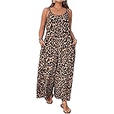 OYOANGLE Women's Plus Size Leopard Print Tie Shoulder Jumpsuits Long Pants Romper with Pocket