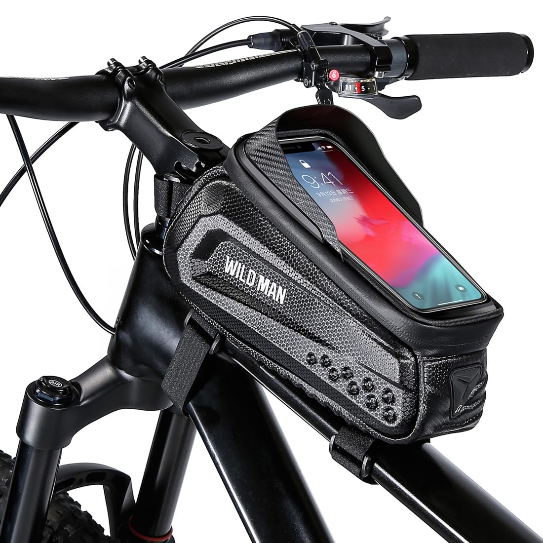 Bike Frame Bag, Waterproof Bicycle Front Top Tube Pouch Pannier Bike Cell Phone Mount Cycle Holder Cycling Crossbar Storage Bags with Sun Visor for iPhone 14 13 12 11 Pro Max XS Smartphone up to 6.7'
