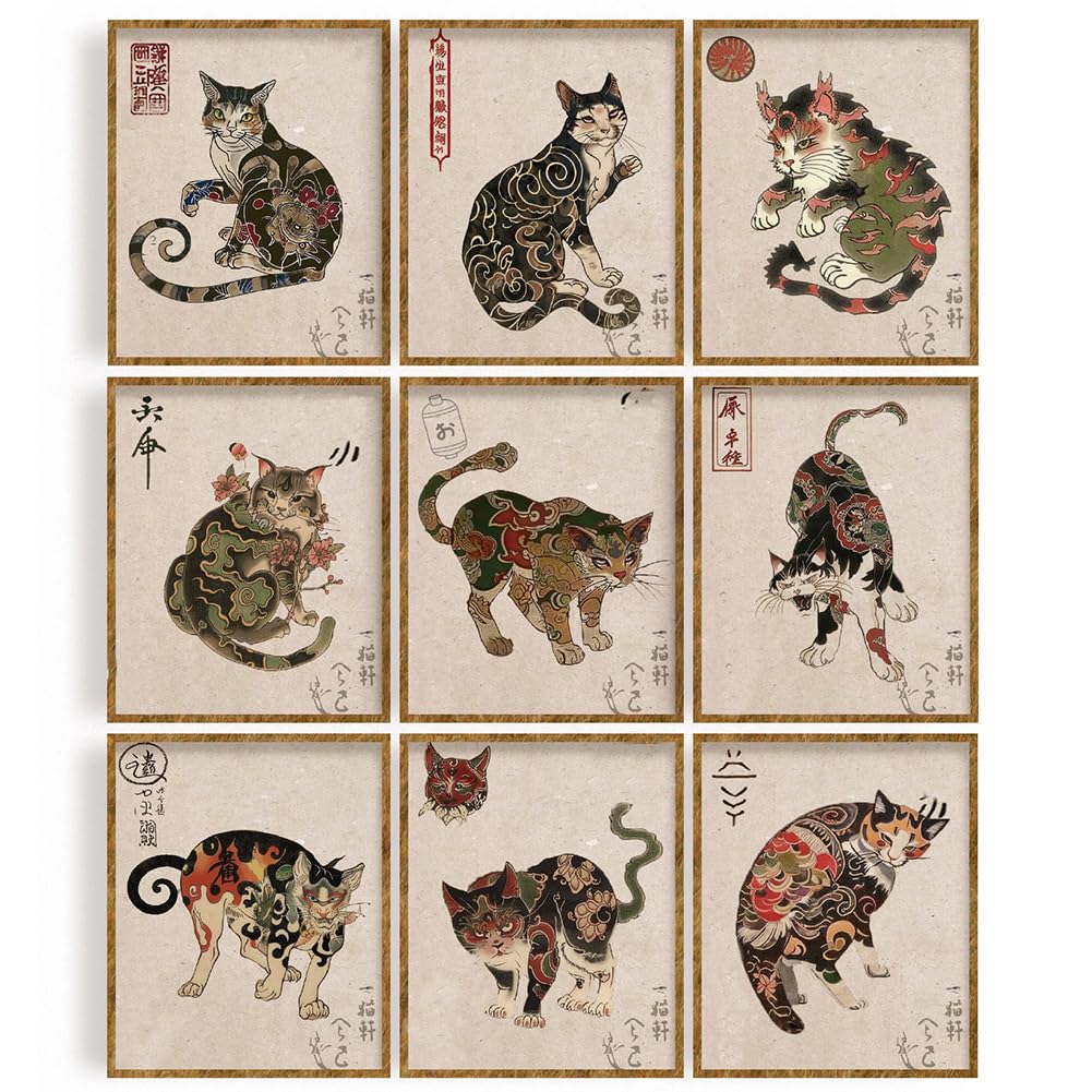 WEBEEDY Set of 9 Samurai Cat Wall Art Prints Japanese Cat Posters Vintage Japanese Samurai Cats Wall Hanging Decor 8x10 Inch Unframed Retro Tattoo Cats Painting Funny Picture Canvas Wall Art,20x25cm