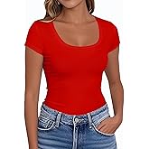 PALINDA Women's Short Sleeve Scoop Neck Fitted Shirts Basic Casual Stretchy T Shirt Workout Tops