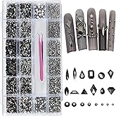 AMLAVIFISH 6080PCS Black Nail Art Rhinestones with Multi Shapes, 3D Flatback Crystals Diamonds for Nail Design, Sparkle Gem with Tweezers for Craft Decoration Face Art Body