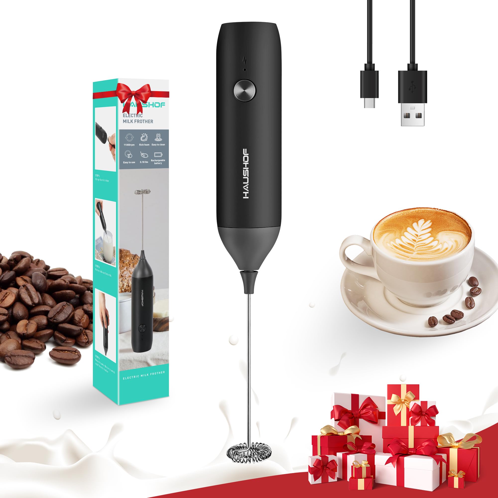 Photo 1 of HAUSHOF Powerful Rechargeable Milk Frother Wand, Handheld Electric Foam Maker, Drink Mixer with Detachable Stainless Steel Whisk for Coffee Latte, Cappuccino, Matcha, No Stand, Black
