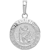 St Christopher Necklace Mens & Womens - 14k White Gold St Christopher Medal Pendant, Solid 'Saint Christopher Protect Us' Inscription, 1.66g, 15mm, Patron of Travelers, Engravable