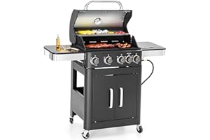 Sophia & William 4-Burner Gas BBQ Grill with Side Burner & Porcelain-Enameled Cast Iron Grates, Outdoor Cooking Propane Grills Cabinet Style Garden Barbecue Grill, 46,700BTU, Black