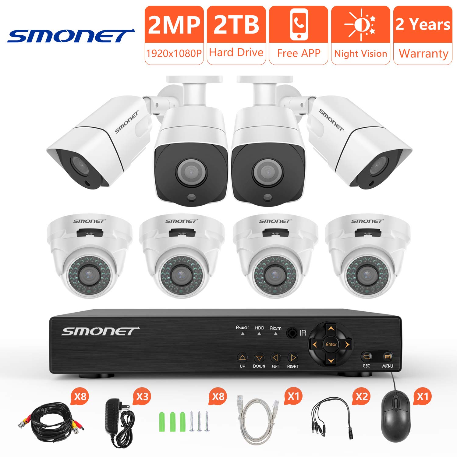 [Full HD] Security Camera System Wired,SMONET 8CH 1080P Surveillance Camera System(2TB Hard Drive),8pcs 2MP Bullet/Dome CCTV Cameras,Super Night Vision,Plug and Play,Free APP,Easy Remote Review