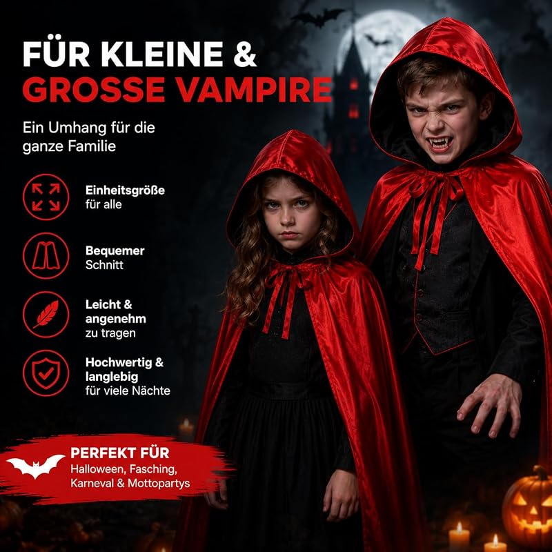 Umhang rot & schwarz mit Kapuze - für Halloween & Fasching & Karneval Vampir Kostüm für Kinder & Erwachsene, Beidseitig — Foto 5 von 8