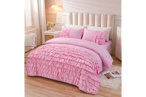 Holawakaka Pink Waterfall Ruffle Comforter Set Twin Size Multi-Layers Ruffled Shabby Chic 3PCS Bedding Set for Girls Women, Pink Twin
