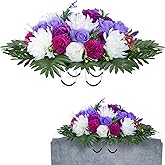 XONOR Artificial Headstone Flower Saddles for Graves, Cemetery Memorial Flowers for Outdoor Tombstone Decorations, Peony Rose Chrysanthemum Mixed Saddle Flowers (Purple&White)