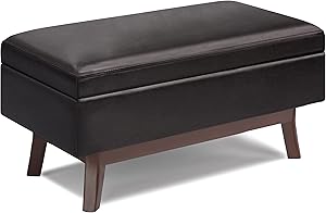 SIMPLIHOME Owen 36 inch Wide Mid Century Modern Rectangle Small Rectangular Storage Ottoman in Tanners Brown Faux Leather, for the Living Room, Family Room and Entryway