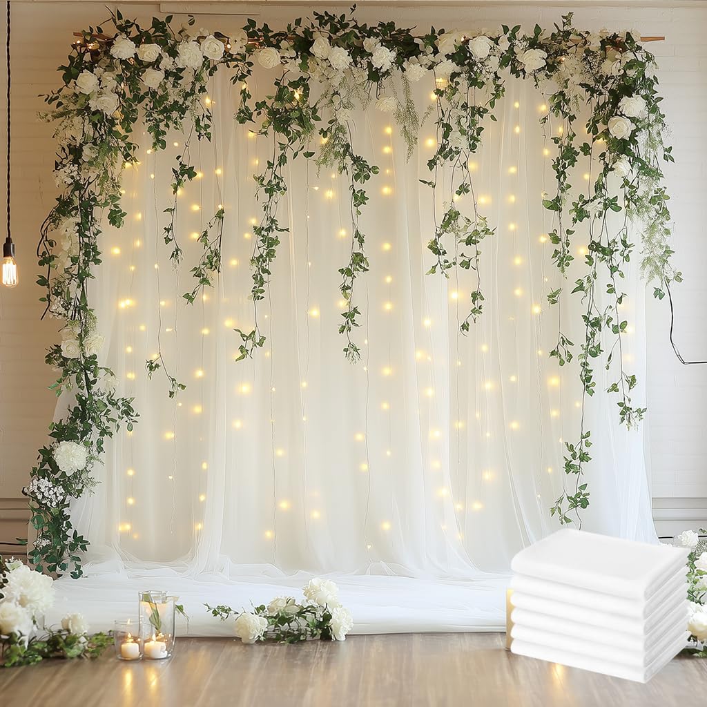 Photo 1 of Xiomot Tulle Backdrop Curtain with Lights String 30 X 8FT Ivory Sheer Tulle Backdrop Curtains for Wedding Birthday Party Reception Photo Booth Background Decorations (6 Panels 5x8FT)