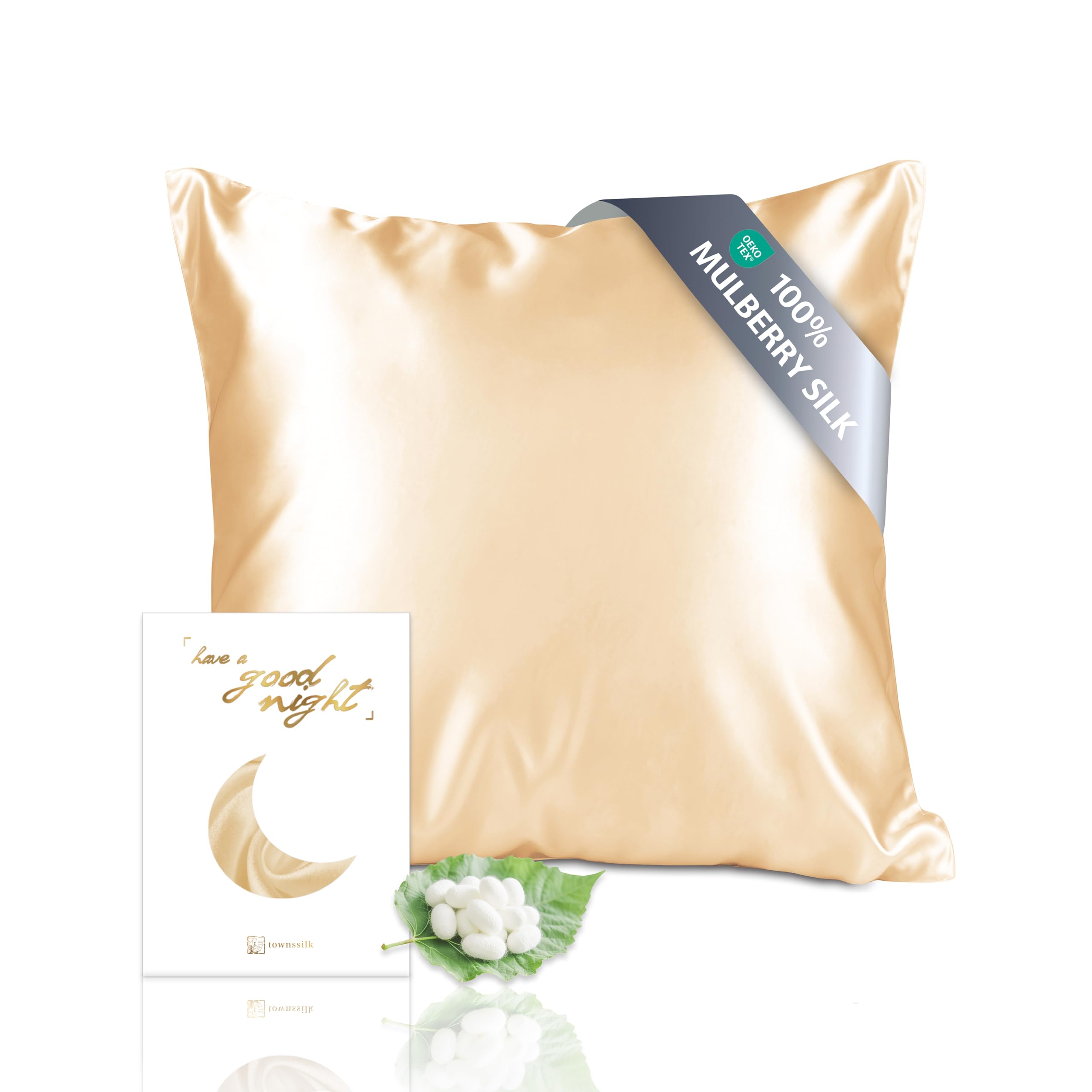 townssilk Both Side 100% 19mm Pure Mulberry Silk Pillowcase for Hair and Skin square 60x60cm size Pillow Case Cushion Cover with Hidden Zipper 600 Thread Count Gold