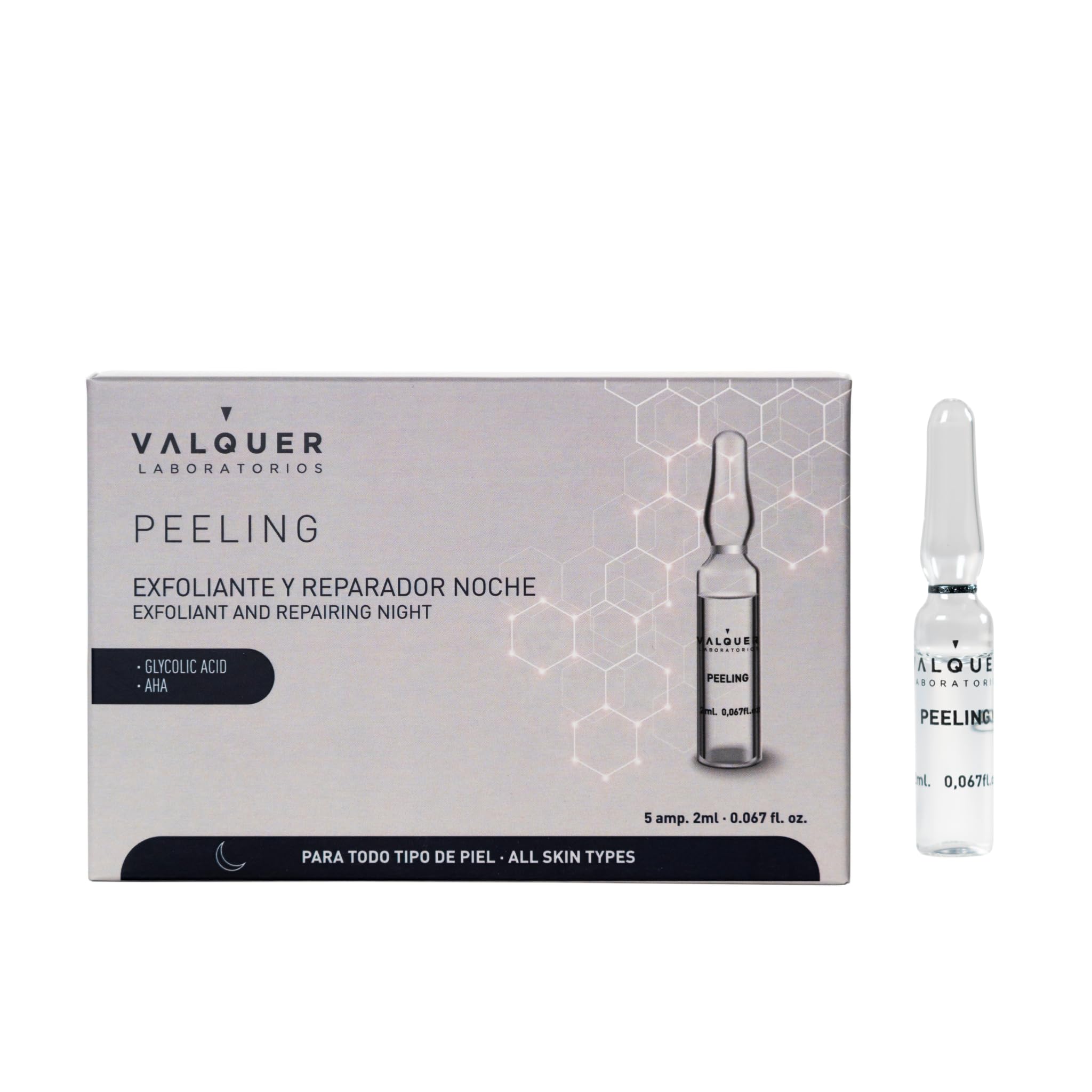Valquer Facial Peel Fibres Face Serum Night Exfoliation and Repair. All Skin Types With Glycolic Acid and Aha. Face Scrub - 5 x 3 ml