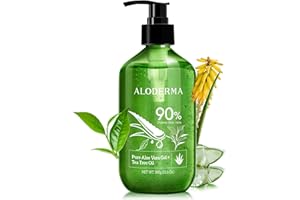 Aloderma Organic Aloe Vera Gel for Skin + Tea Tree Oil, Made within 12 Hours of Harvest, Soothing Pure Aloe Vera Gel for Face, Works Great for Oily Skin, Dry Scalp, Aftershave, Natural Aloe - 10.6 Oz