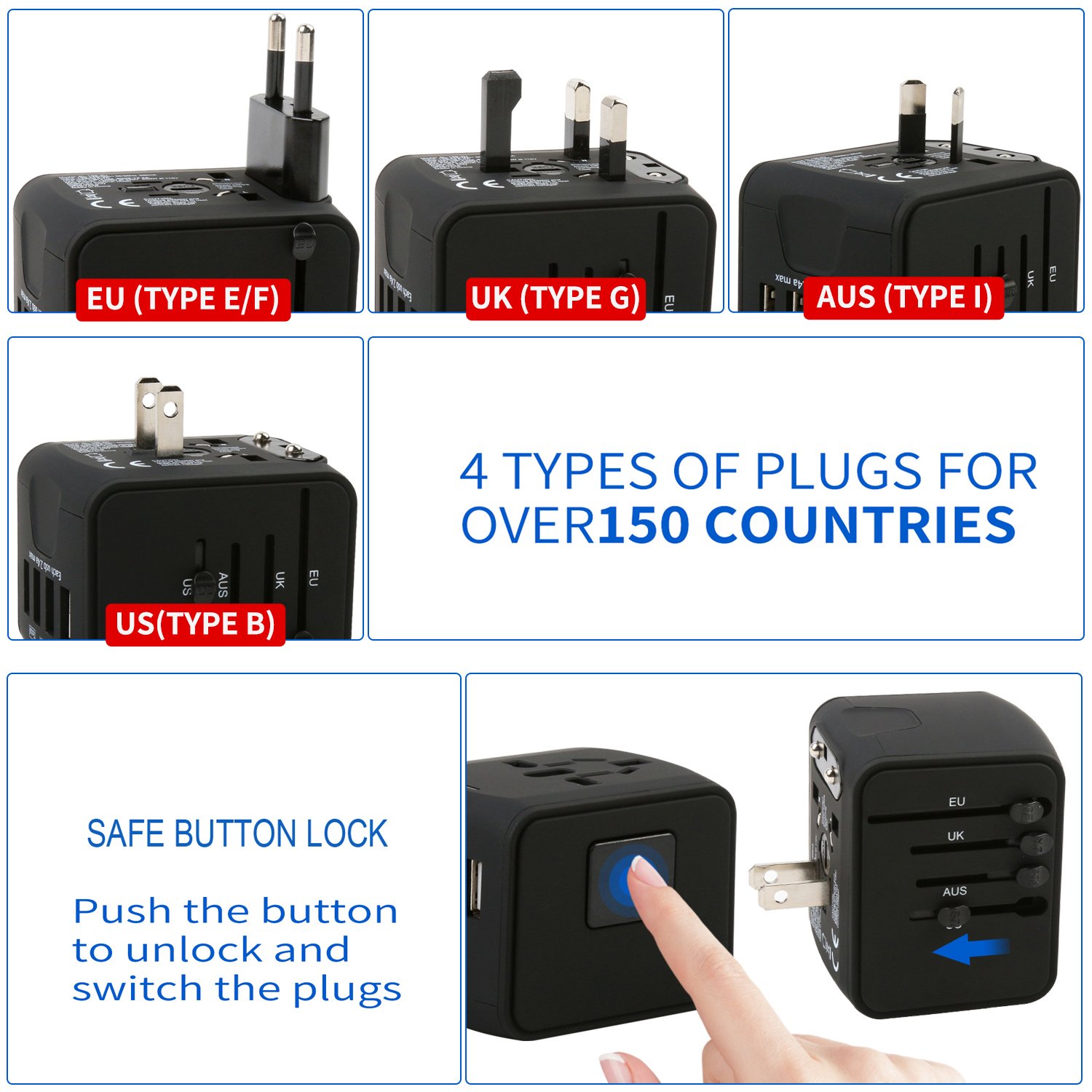 Universal Travel Adapter - 4 USB 3400mA MAX Wolrd Travel Adapter for iPhone iPad Laptop Android Phone Shaver Cameras etc - Plug Adapter Charger for US UK EU AU etc - Covers over 150 Countries (Black)