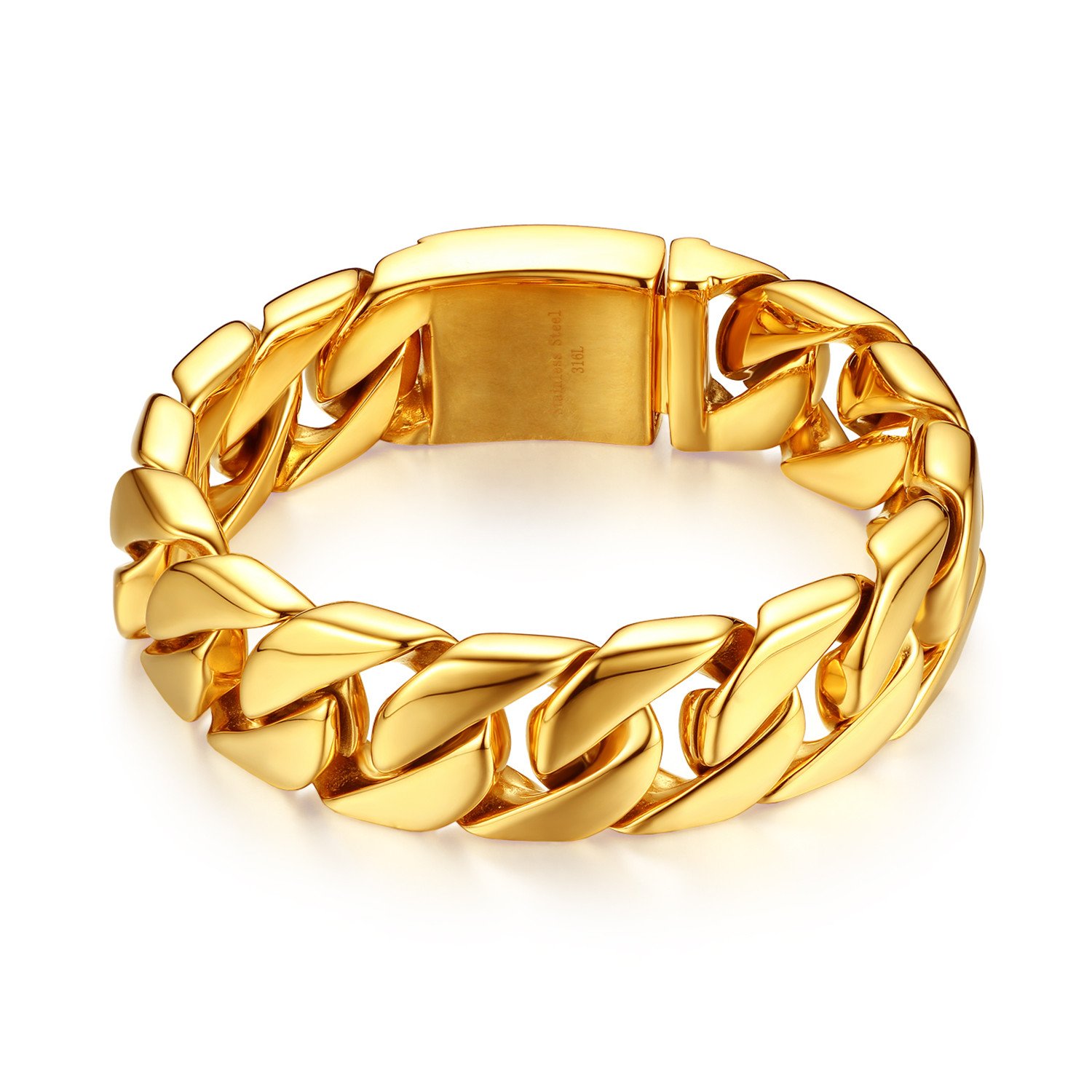 JewelryWe Men's Bracelet Large Heavy High Polished Stainless Steel Biker Curb Chain(Gold)