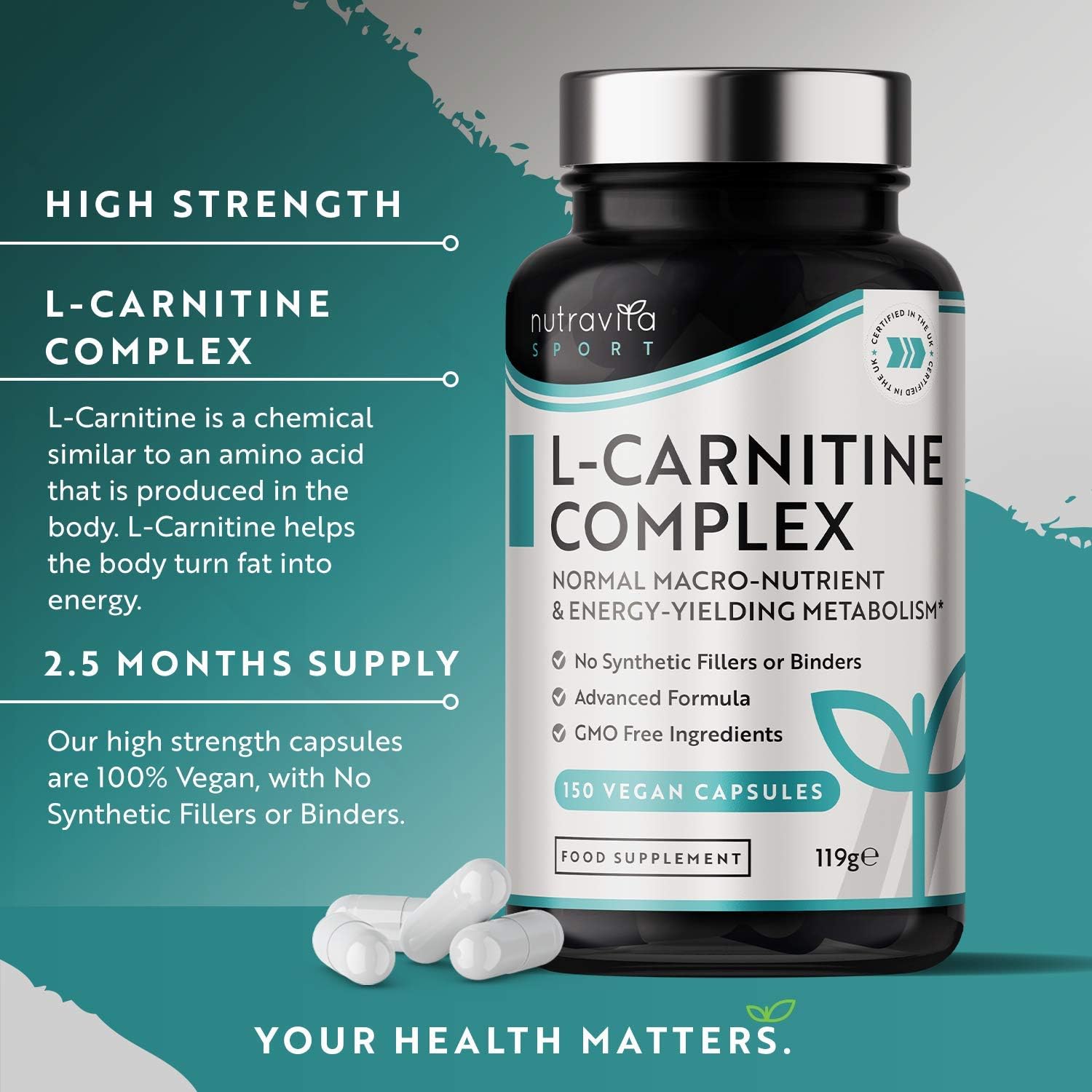 Nutravita L-Carnitine Complex, High Strength Capsules with Added Riboflavin, Biotin, Chromium, Vitamin D, B3 & B6 - Image 3