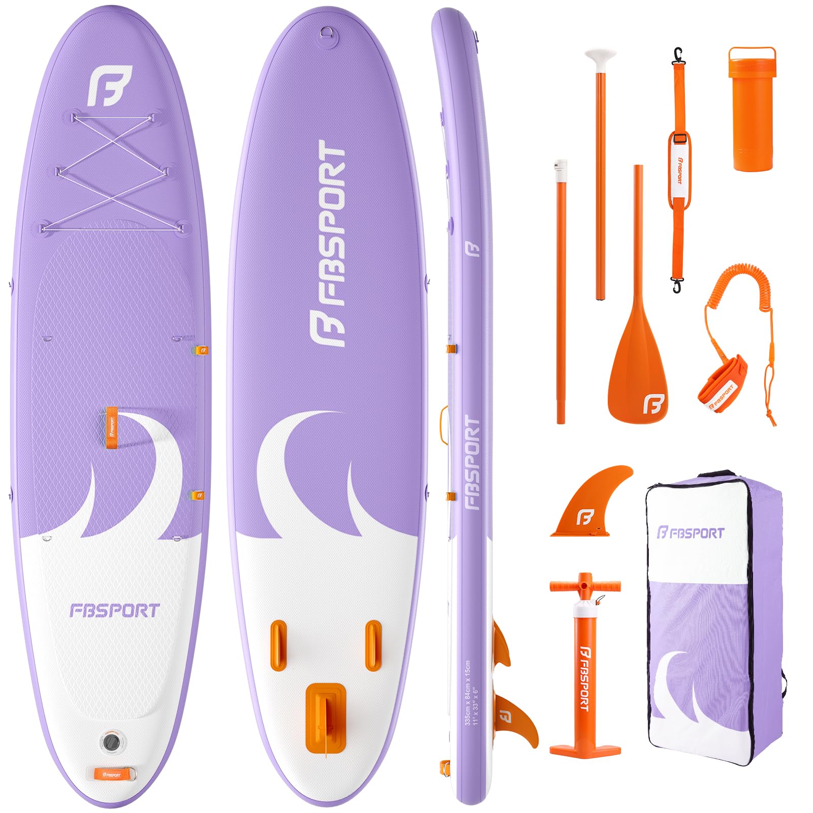 FBSPORT 11' Premium Stand Up Paddle Board, Yoga Board with Durable SUP Accessories & Carry Bag | Wide Stance, Surf Control, Non-Slip Deck, Leash, Paddle and Pump for Youth & Adult (Light Purple) Image