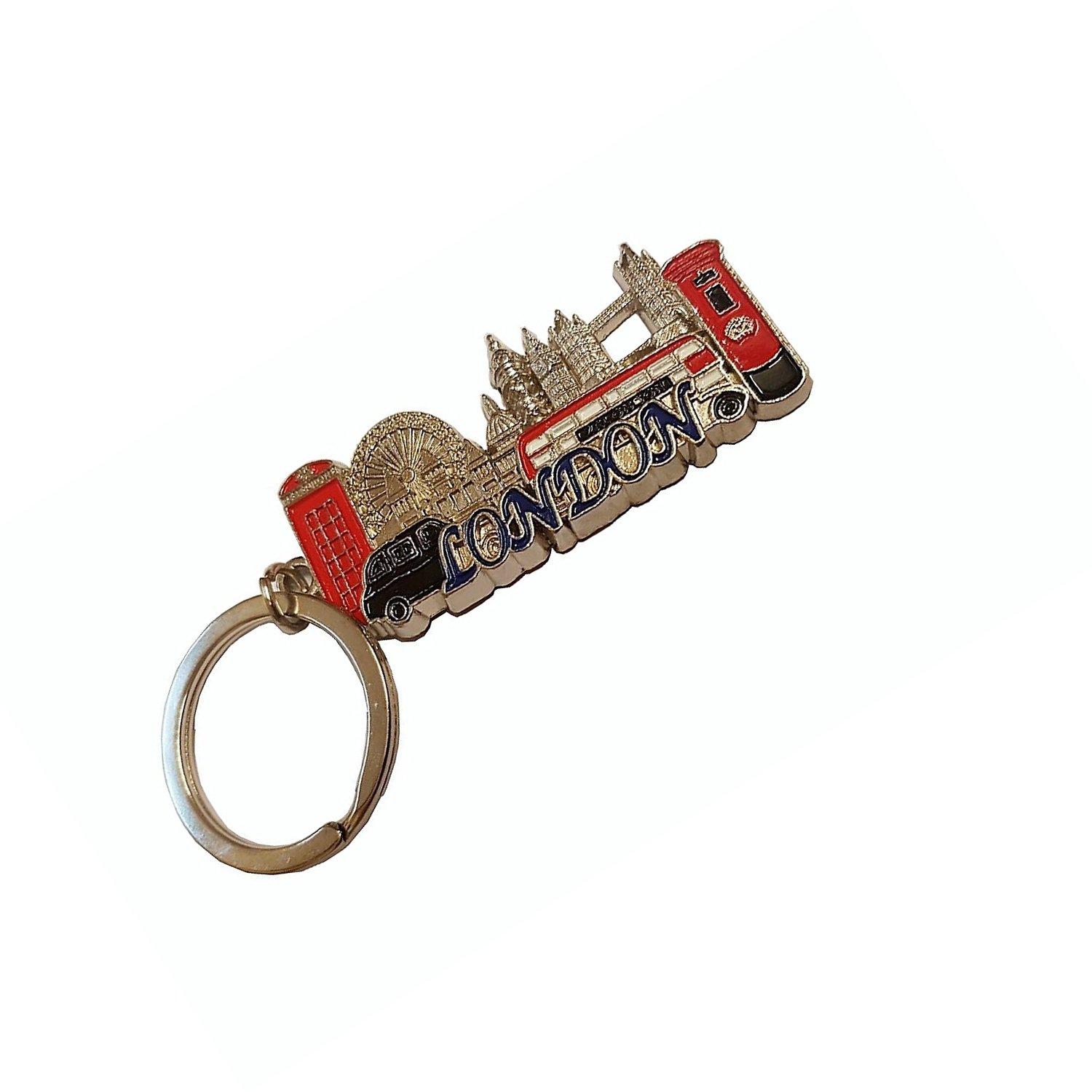 London Silver Coloured Metal Key Chain/Ring/Word in Blue/Icons/Red Phone Box/Double Decker Bus/Post/Black Taxi/Tower Bridge/St. Paul's/Eye/UK Keychain Souvenir/British Keyring