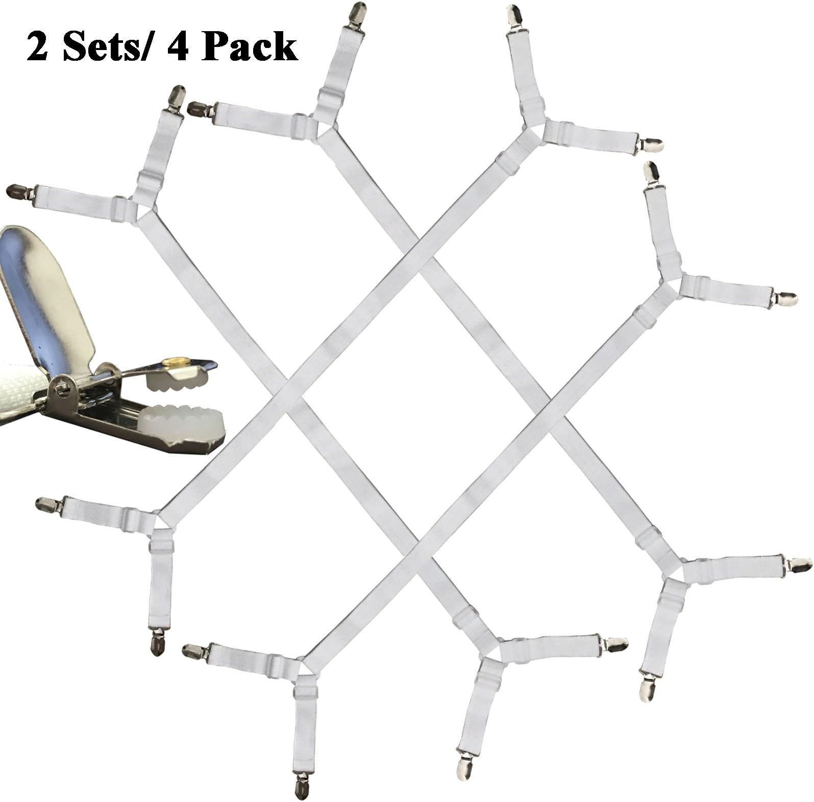 BSLINO 2 Sets/4pcs Sheet Bed Suspenders Adjustable Crisscross Fitted Sheet Band Straps Grippers Adjustable Mattress Pad Duvet Cover Sheet Corner Holder Elastic Fasteners Clips Clippers