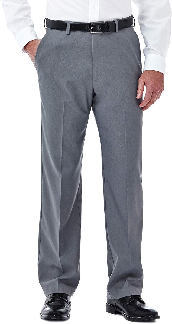 Haggar Men's Cool 18 Stretch Plain-Front Hidden Expandable-Waistband Pant, Heather Grey, 42W x 